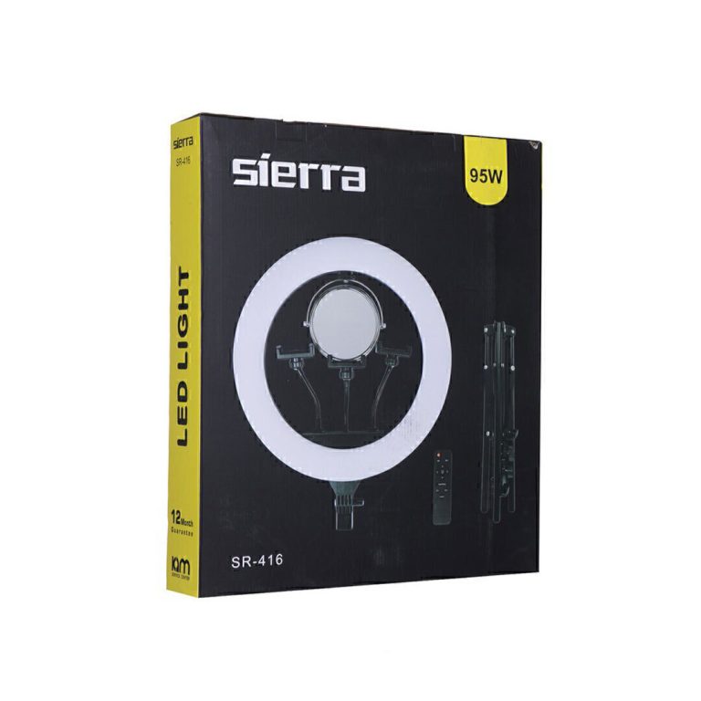 رینگ لایت Sierra، رینگ لایت SR-416، رینگ لایت حرفه‌ای عکاسی، رینگ لایت آرایشی، رینگ لایت تنظیم نور، نور حلقه‌ای عکاسی، چراغ حلقه‌ای تولید محتوا، رینگ لایت با پایه