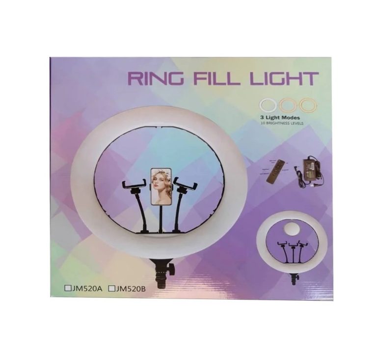 رینگ لایت حرفه‌ای YQ-520A، رینگ لایت میکاپ، رینگ لایت بزرگ، رینگ لایت عکاسی، چراغ حلقه‌ای تنظیم نور، رینگ لایت با ریموت، رینگ لایت تولید محتوا، نور حلقه‌ای آرایشی